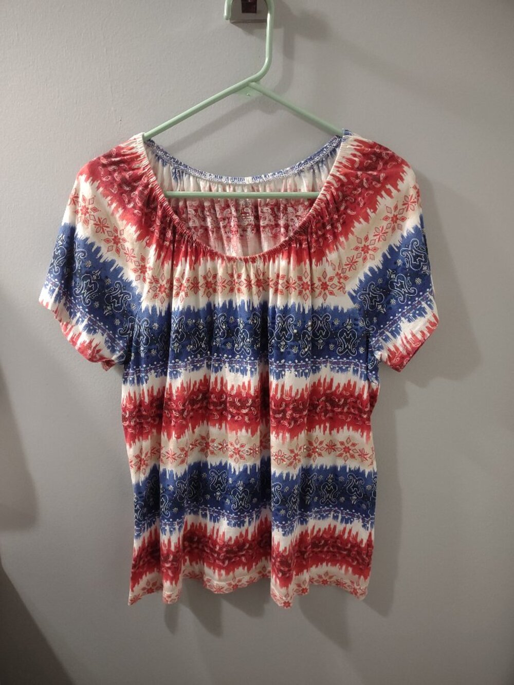 Greensource XL Patriotic Country Red White & Blue Gathered T-Shirt Women's